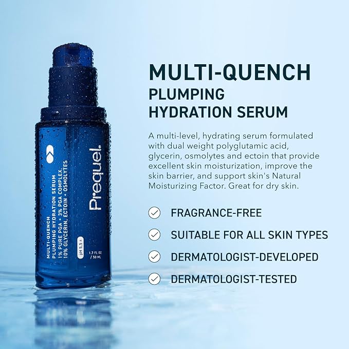 Prequel Skin Multi-Quench Plumping Hydration Serum for Face. Intensive Hydrating Facial Serum for Women with PGA Complex and Moisture-Binders. Deep Moisturizing for Dry and Sensitive Skin, 1.7oz