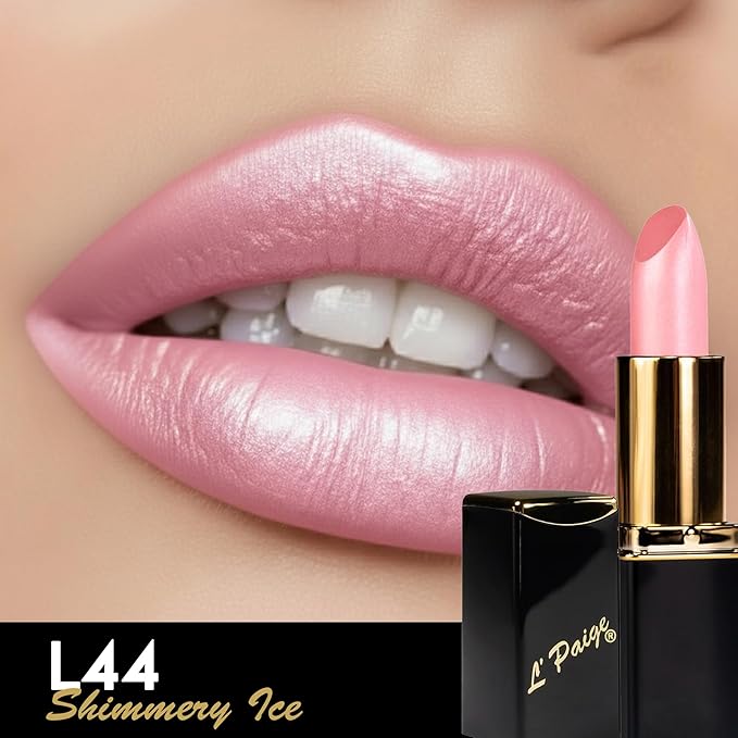 L'Paige Designer Lipstick – Cool-Toned Pink with Iridescent Shimmer – Aloe Vera-Based, Long-Lasting & Moisturizing Formula for a Smooth, Luxurious Feel – Shade L44 Shimmery Ice Lipstick