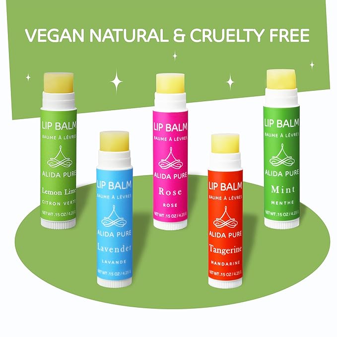 Aria Lip Balm Collection, Vegan Set, Beeswax Free, with Organic Jojoba and Avocado Oil, Vitamin E, Natural Moisturizer for Dry, Chapped Lips, 5 Tube Set