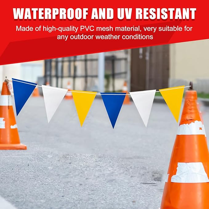 Safety Warning Pennant Banner Flags – Multipurpose OSHA High Visibility Colored Triangle Flags for Roadwork, Party and Hazard Areas(BLUE+WHITE+YELLOW,45pcs,105FT)