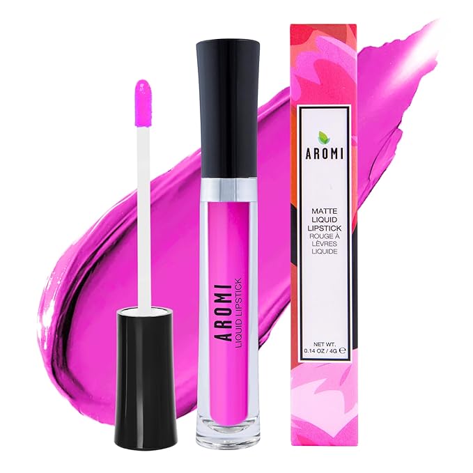 Aromi Bright Pink Matte Liquid Lipstick | Long-Lasting, Magenta Fuchsia Lip Color for Women, Blue Undertones, Vegan, Waterproof (Pink Peonies)