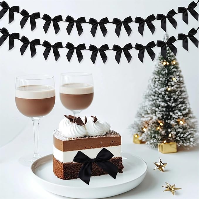 2pcs Bow Garland Banner, Ribbon Bow Party Decorations for Baby Shower Girls Bow Coquette Birthday Party Decor (Black)