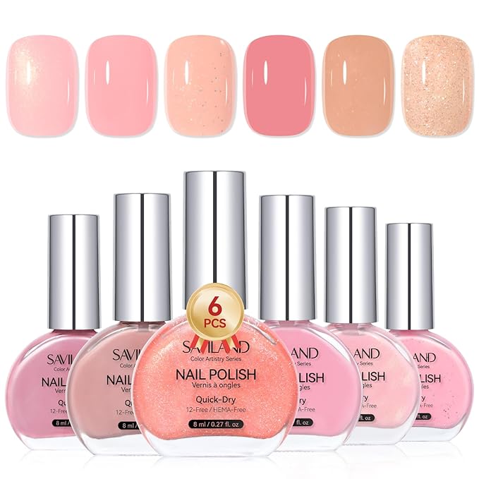 SAVILAND Color Artistry Pink Nail Polish Set: 6-Color Quick Dry Nail Polish Nude Shimmer Glitter Pearl Pink Fingernail Polish Set 12-Free Nail Lacquer DIY Modern Minimalist Gifts for Women
