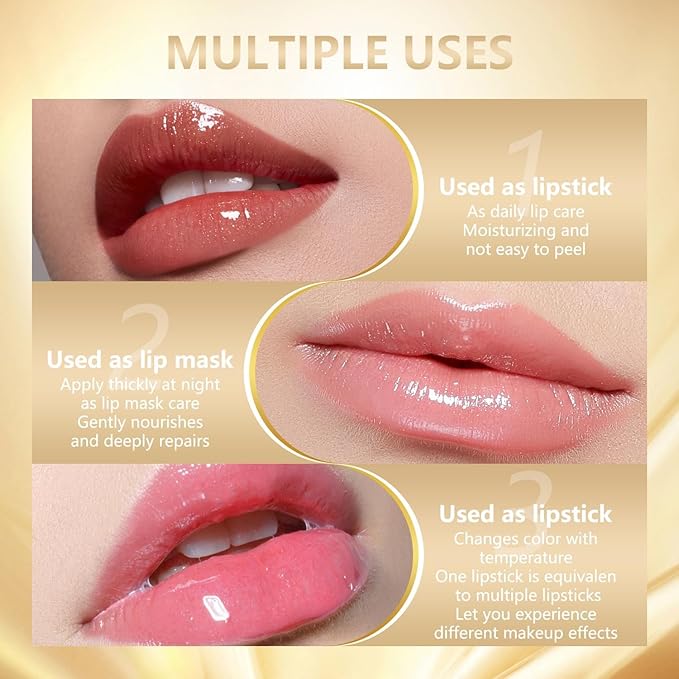 2PCS Transferproof Color Changing Lipstick, Clear Gold Crystal Colors Changing Lipsticks for Women, Long Lasting Moisturizing Glossy Shine Lip Gloss, Deep Nourishment Formula