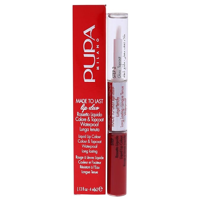 PUPA Milano Made To Last Lip Duo - Smudge-Proof Lip Color And Gloss - Highly Pigmented Shades - One Swipe Color Payoff - Gives Unrivaled Glassy Effect - Long Lasting - 018 Imperial Red - 0.13 Oz