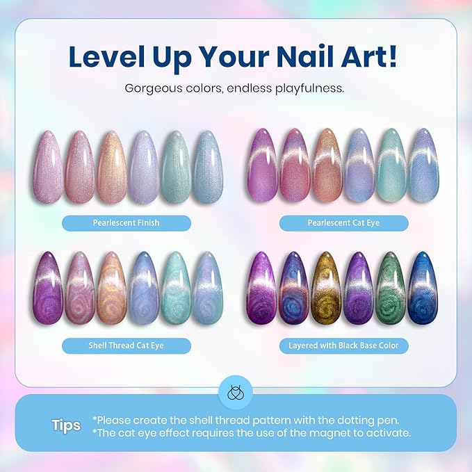 Beetles Pearl Gel Nail Polish, 6 Colors Shimmer Cat Eye Holographic Glitter Nail Polish Set with Magnet Rainbow Mermaid Swirl Shell Thread Purple Pink Blue Green Velvet Gel Manicure Gifts for Women