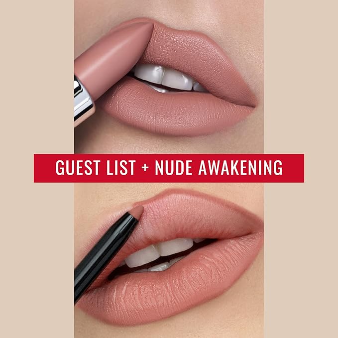 Runway Rogue ‘Guest List’ Matte Nude 90s Vibe Lipstick Bundle with ‘Nude Awakening’ Spiced Nude Designer Liner Lip Liner Pencil and Sharpener