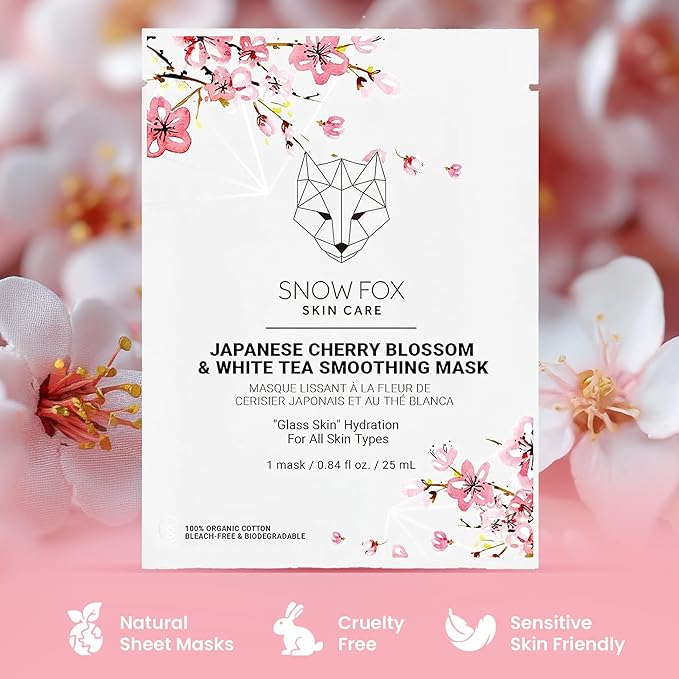 Snow Fox Japanese Cherry Blossom & White Tea Smoothing Sheet Mask – Hydrating Face Mask for Glass Skin Glow & Bridal Makeup Prep – Moisturizing Facial Skin Care for all Types – 1 Pack