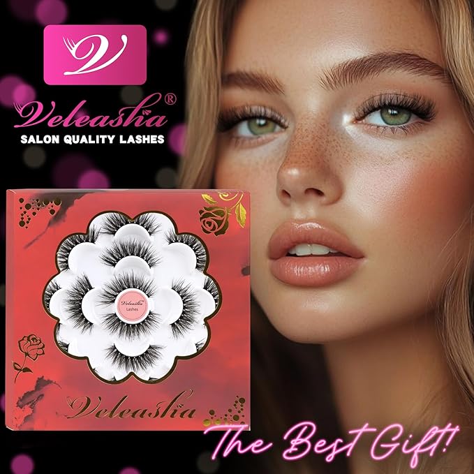 Veleasha Lashes 5D Faux Mink Lashes False Eyelashes Handmade Cat Eye Lashes Wispy Fluffy Fake Lashes Lightweight Eyelashes Luxurious Volume Fake Eyelashes 7 Pairs Pack (804)