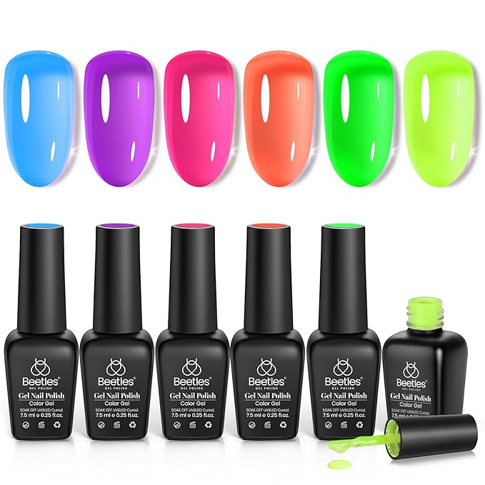 Beetles Neon Gel Nail Polish Set, 6 Colors Summer Jelly Gel Polish Kit Sheer Hot Pink Green Orange Purple Blue Yellow Translucent Effect Soak Off UV French Nail Art Manicure Gift for Women