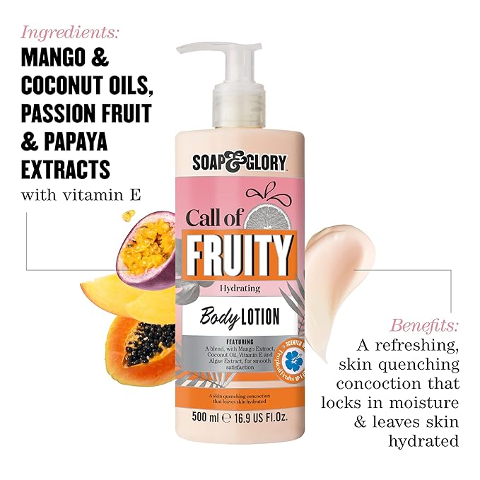 Soap & Glory Call of Fruity Vegan Body Lotion - Moisturizing Body Lotion with Vitamin E, Coconut Oil & Aloe Extracts - Tropical Fruits, Juicy Melon & Hibiscus Cocoa Butter for Dehydrated Skin (500ml)