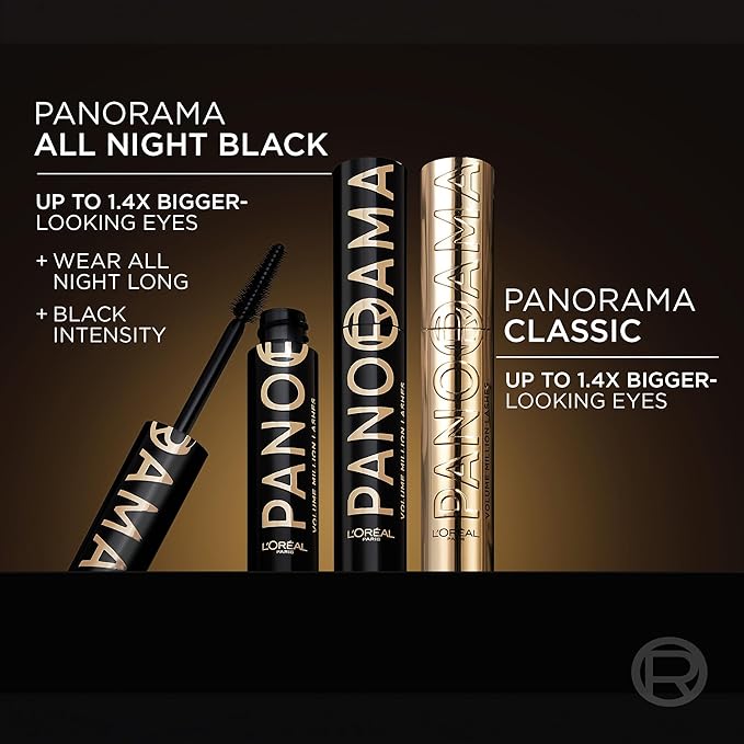 L'Oreal Paris Voluminous Panorama Mascara, Volumizing and Lengthening Formula, Longwear, Smudge-Resistant and Washable, All Night Black Mascara, 0.33 Fl Oz
