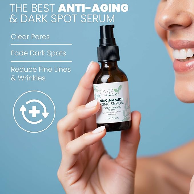Eva Naturals Niacinamide Serum for Face with Zinc PCA & Botanical Hyaluronic Acid – Pore Minimizer, Dark Spot & Redness Relief, Skin Tone & Texture Support – Lightweight Cream Alternative (1 oz)