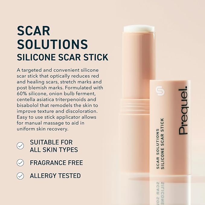 Prequel Skin Scar Solutions 60% Silicone Scar Stick. Thick Solid Velvety Film for Scars. Formula Infused with Centella Asiatica Extracts and Vitamin E. Soothing and Occlusive