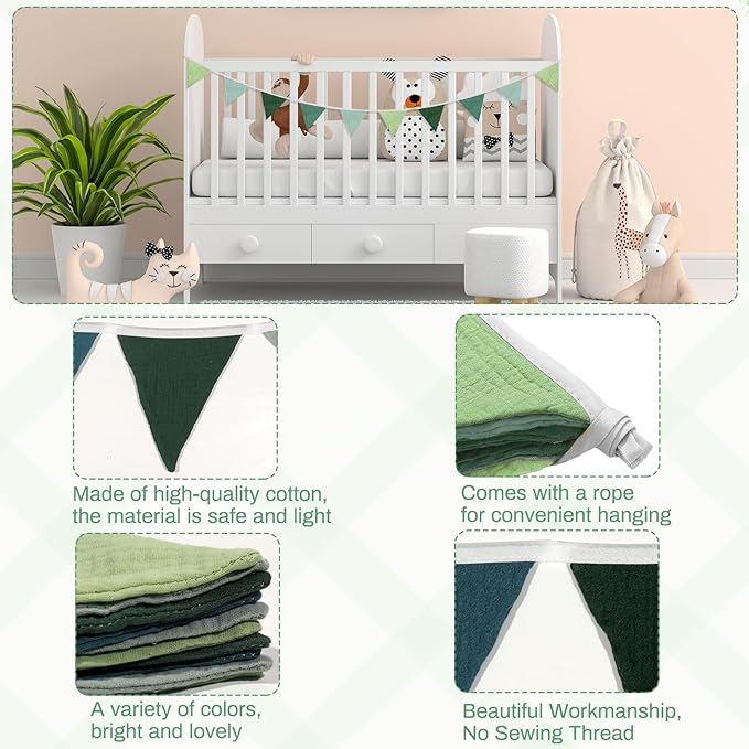 2PCS Pennant Banner Flags, Fabric Bunting Banner Nursery Garland Decor, Baby Shower Garland, Triangle Flags for Baby Boy Room, Playroom, Boho Birthday Party Decor, Each 7.75 ft (Green Blue)