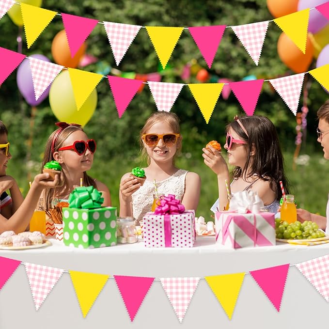 33 Ft Softball Theme Hanging Banner Decoration Triangle Flag Pink Yellow Pennant Plaid Fabric Bunting Garland for Birthday Baby Shower Sports Party Supplies