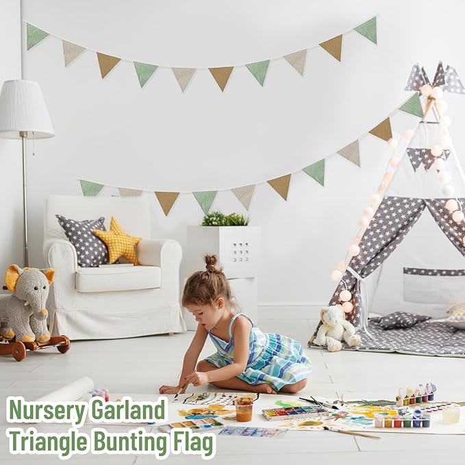 2PCS Pennant Banner Flags, Fabric Bunting Banner Nursery Garland Decor, Baby Shower Garland, Triangle Flags for Baby Boy Room, Playroom, Boho Birthday Party Decor, Each 7.75 ft (Mistwood Color)