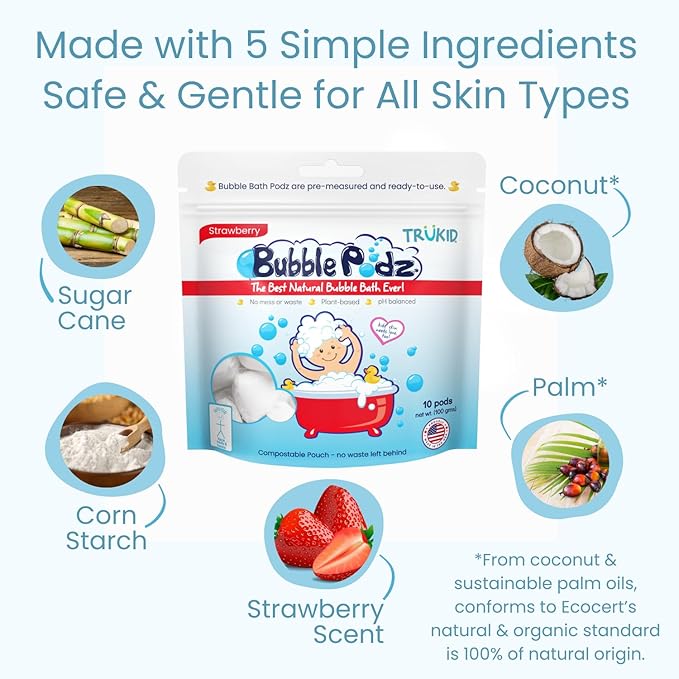 TruKid Bubble Podz Bubble Bath for Kids, Toddlers, & Babies, Tear Free Gentle & Refreshing Bath Bomb for Sensitive Skin with Natural Moisturizers, Non-Toxic, pH Balanced, Strawberry Scent (10 Podz)