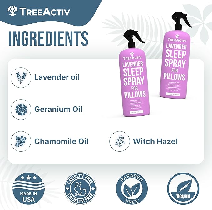 TreeActiv Lavender Pillow Spray for Sleep - 16 oz, Mist for Pillows and Bed, Witch Hazel Infused