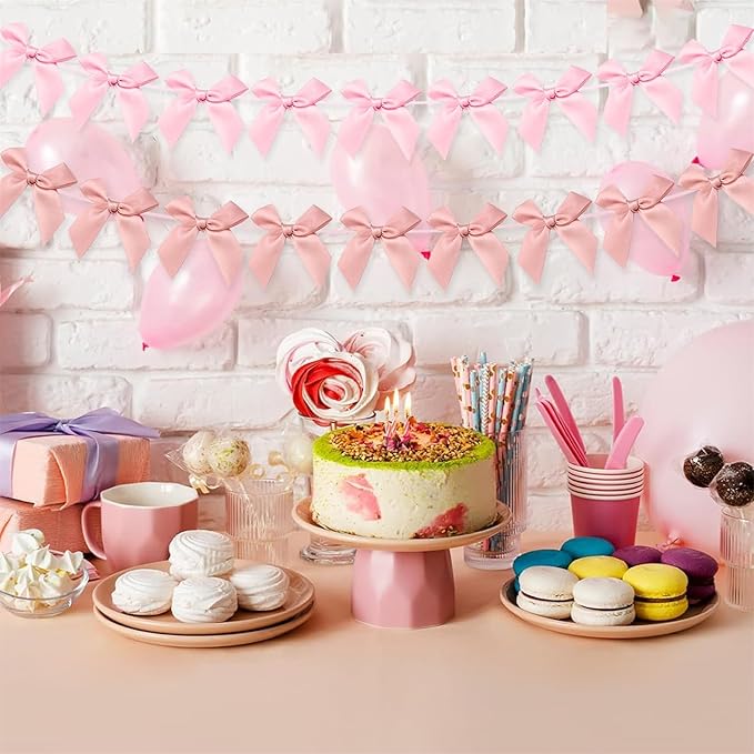 2pcs Bow Garland Banner, Ribbon Bow Party Decorations for Baby Shower Girls Bow Coquette Birthday Party Decor (Peach Pink+Pink)