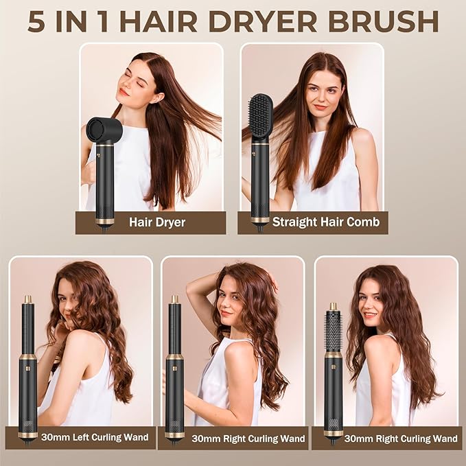 Blow Dryer Brush 5 in 1, Negative Ion Hair Dryer Brush Set Upgrade Hot Air Brush Air Styler Curling Wrap Air Curler, Curling Iron Hair Styling Tools As A Gift for Straight/Curl/Drying/Smoothing