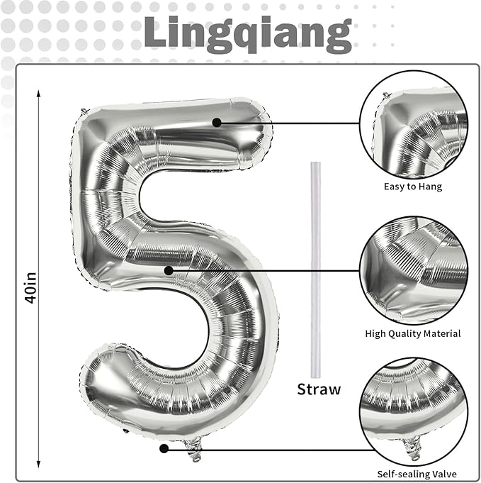 40 Inch Silver Large Numbers Balloons 5, Self Inflating Digit 5 Helium Balloons for 5th Girls Boys, Foil Mylar Big Number Balloon Set 0-9 for Women Men Birthday Party Anniversary Supplies Decorations