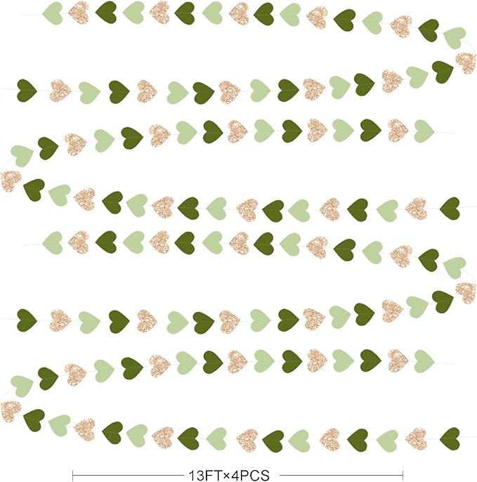 Sage Green Champagne Gold Heart Party Decorations Glitter Champagne Gold Paper Olive Green Love Heart Hanging Garland Banner Streamer for Birthday Baby Shower Wedding Anniversary Valentines Day Party