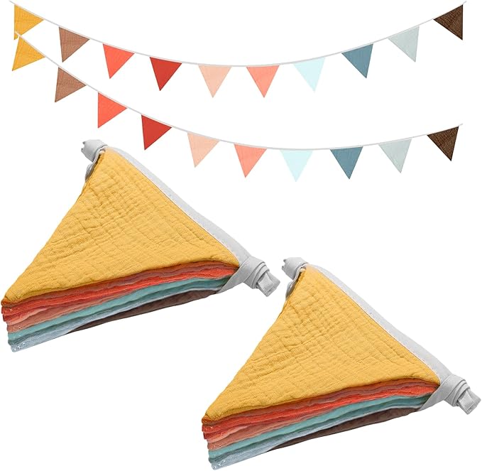 2PCS Pennant Banner Flags,Thanksgiving Decor Fabric Bunting Banner Nursery Garland Decor,Baby Shower Garland,Triangle Flags for Baby Boy Room,Playroom,Boho Birthday Party Decor, Each 7.75 ft