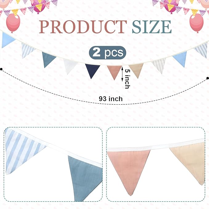 VitalCozy 17 ft Pennant Banner Flags, 2 Pcs Nursery Garland Triangle Bunting Flag Double Side Baby Banner for Boho Decor Baby Shower Birthday Wedding Party Event, Each 8.5 ft(Elegant Colors)