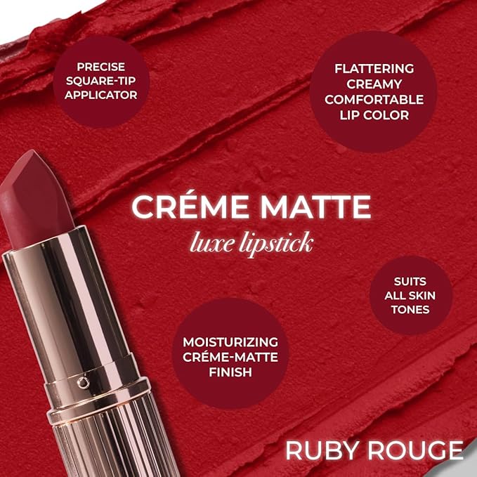 MCoBeauty - Crème Matte Luxe Lipstick - Long-Lasting Hydrating Soft Matte Lipstick with Square-Tip Bullet - Ruby Rouge, Red Shade - 3.5g - Lip Makeup
