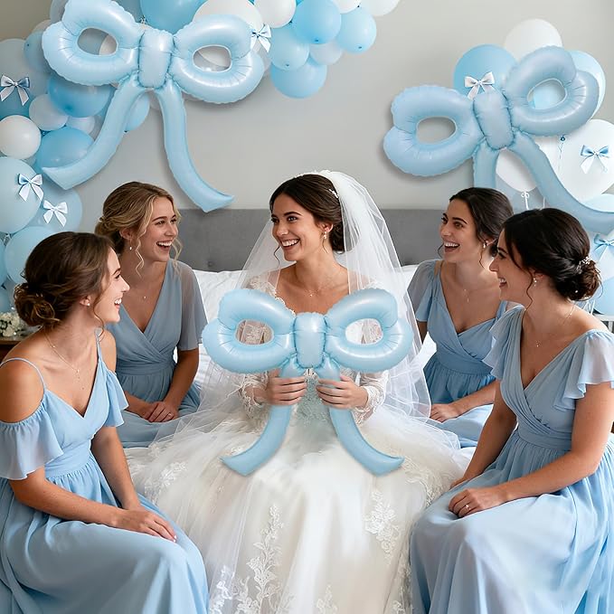 4 Pcs Baby Blue Bow Balloons Bow Birthday Party Decorations for Girl Women Bow Decor Blue Birthday Decorations Giant Dusty Blue Balloons for Baby Shower Bridal Bachelorette Party Supplies