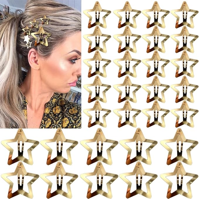 30 PCS Gold Star Hair Clips,20PCS 1.22"Star Hair Clip and 10 PCS 1.65"Star Hair Clips Snap Star Hair Accessories Non Slip Star Clips for Girls Women Gold Accessories Gold Metal Hair Clips