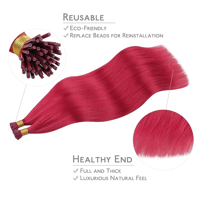 WENNALIFE I Tip Hair Extensions Real Human Hair, 100g 100s 24 Inch Red Remy Itip Human Hair Extensions Invisible Itips Straight I Tips Cold Fusion Extensions