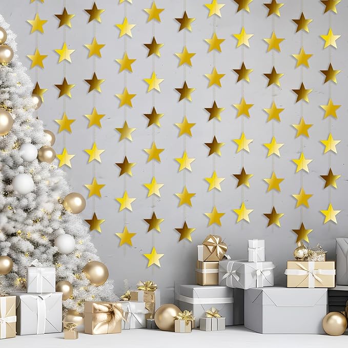 158 Feet 12 PCS Glitter Gold Star Garland Banner Decoration, Reflective Sparkle Little Star Paper Hanging Decor Double Side Star Streamer Bunting for Party Wedding Christmas Birthday Festival