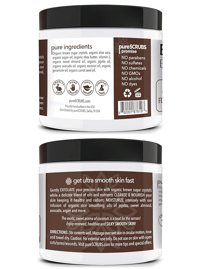 pureSCRUBS Premium Coconut Brown Sugar Scrub | Face, Feet & Full Body Scrub | Large 16oz Jar Includes Wooden Spoon, Loofah & Mini Exfoliating Bar Soap