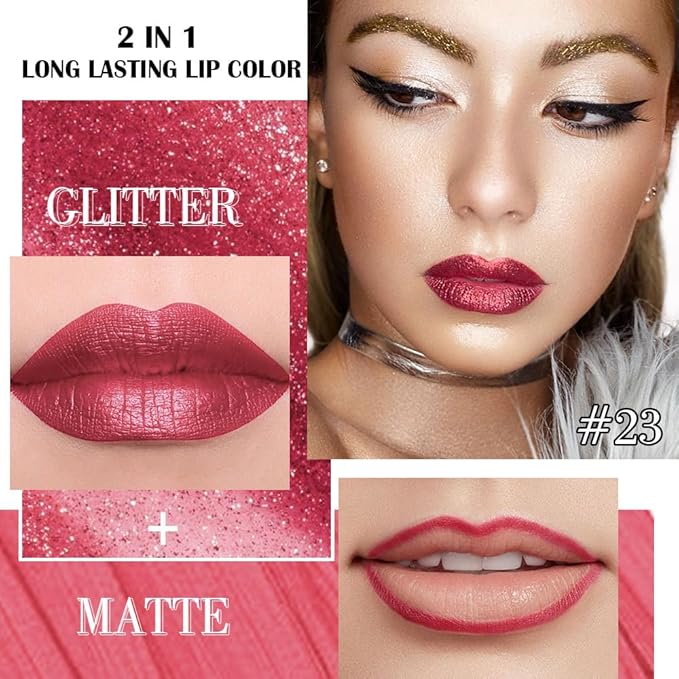 evpct Burgundy Plum Red Metallic Glitter Lip Liner and Lipstick Combo Lip Gloss Stain Set Makeup for Women Long Lasting Waterproof 24, Non Stick Cup Metal Shine Shimmer Iridescent Liquid Lipstick 23