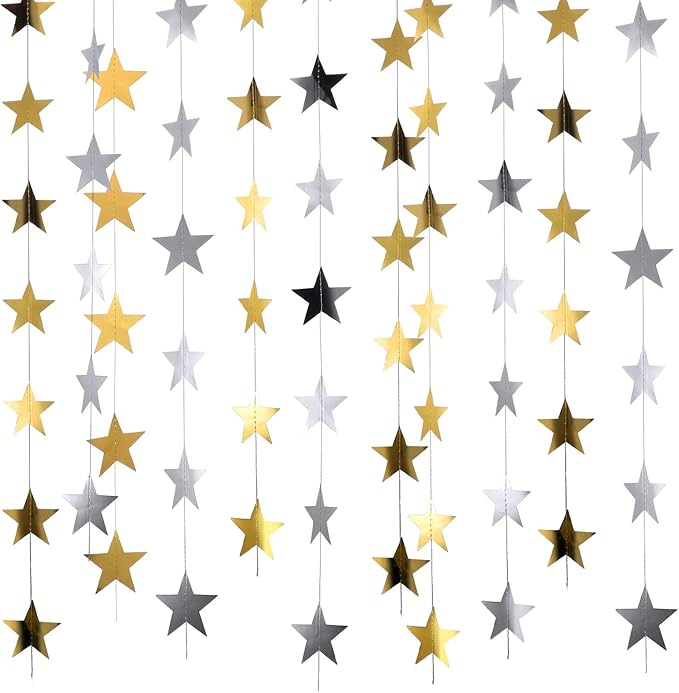 Patelai 130 Feet Glitter Star Garland Banner Decoration Hanging String Star New Year Eve Party Supplies Gold Black Party Decor for 2026 New Year Valentines Wedding Birthday (Gold and Silver)