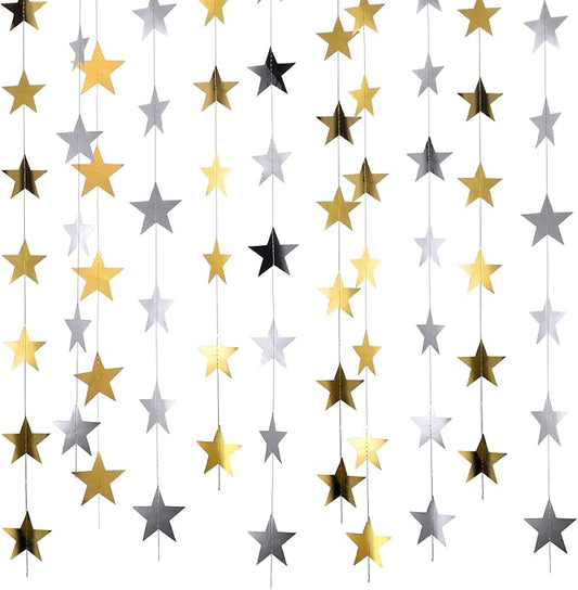 Patelai 130 Feet Glitter Star Garland Banner Decoration Hanging String Star New Year Eve Party Supplies Gold Black Party Decor for 2026 New Year Valentines Wedding Birthday (Gold and Silver)