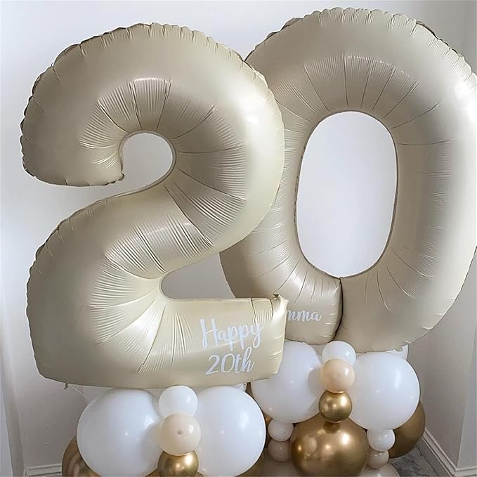 40 In Cream Large Numbers Balloons 0-9, Self Inflating White Sand Foil Number 0 Helium Balloons for Boys Girls, Big Beige Digit 0 Balloons for Women Men Birthday Party Anniversary Supplies Decorations