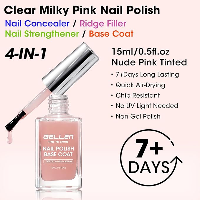 GELLEN 4‑in‑1 Clear Nail Polish Base Coat Sheer Tinted Natural Pink, Ridge Filler, Nail Strengthener & Concealer, Calcium Formula Strengthens Nails, Enhances Natural Look, No HEMA, Anti-yellowing