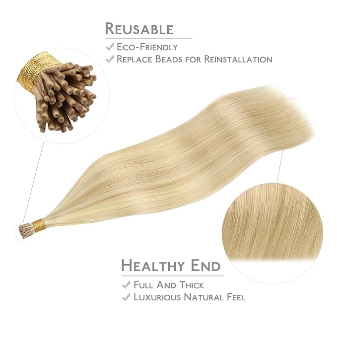 WENNALIFE I Tip Hair Extensions Human Hair, 50g 50s 20 Inch Light Blonde Highlighted Golden Blonde Remy Itip Human Hair Extensions Invisible Itips Straight I Tips Fusion Extensions Real Human Hair