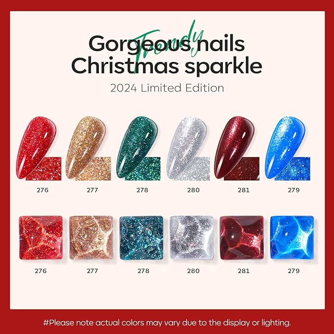 modelones New Year Nail Polish Set 6 Colors, Red Green Burgundy Gold Silver Blue Glitter Quick Dry Mini Nail Lacquer Kit with Christmas Stickers, Sparkle Winter Nail Art Manicure Gift for Girls Women