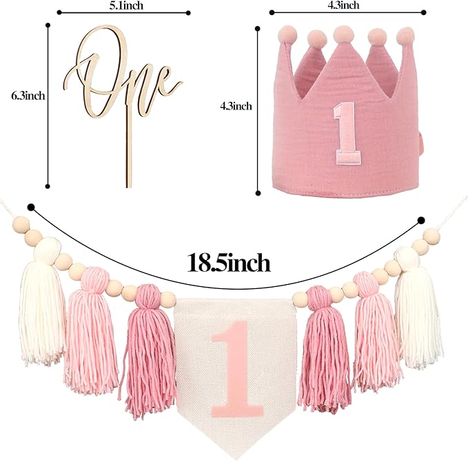 Pink Baby Girl 1st High Chair Banner Wood Bead Tassel Garland Crown Hat Wooden Cake Topper Birthday Party Decorations