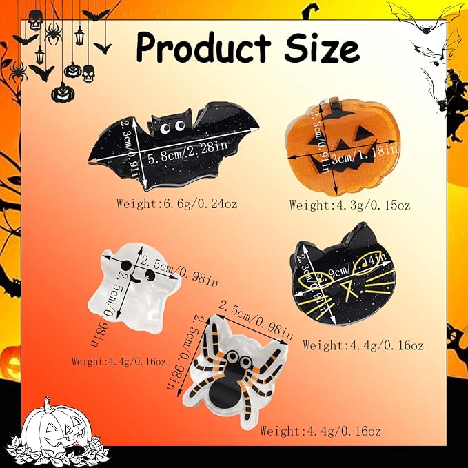 10 Pcs Halloween Hair Claw Clips Cat Spider Small Claw Clip Forehead Bangs Broken Cute Ghost Pumpkin Eyes Hat Shape Non Slip Mini Hair Clips Alloy Side Barrettes for Women Thin Medium Short Hair