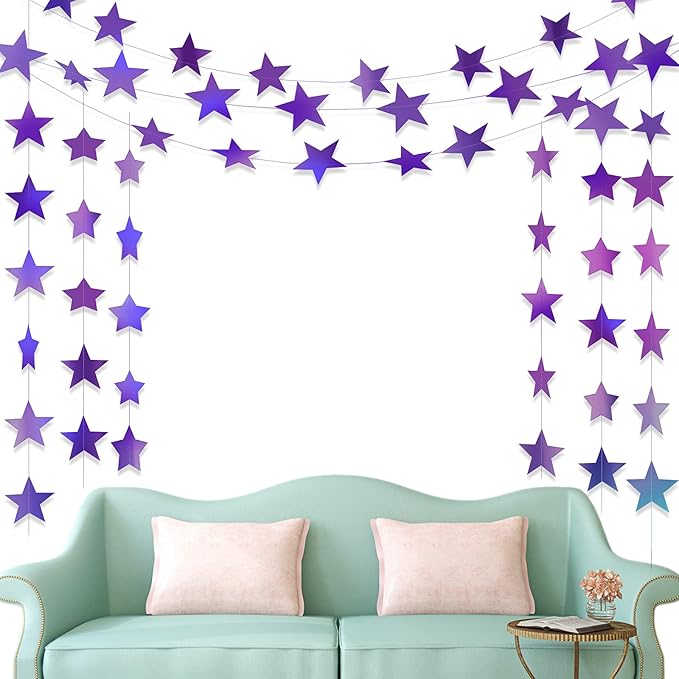 Patelai Glitter Star Garland Banner New Years Decor 130 Feet Star Hanging Banner Twinkle Backdrop for Birthday Classroom Wedding Halloween Christmas Party Supplies(Holographic Purple)
