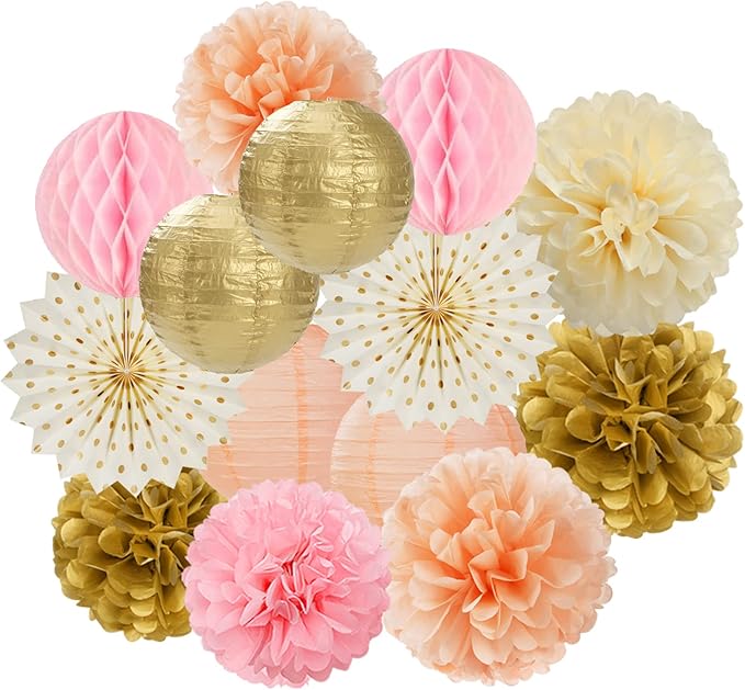 Pink Peach Gold Party Decorations - 14pcs Bridal Baby Shower Girls Birthday Paper Lanterns Fan,Tissue Pom Poms Streamers,Honeycomb Balls,Engagement Wedding Bachelorette Brunch Decor Lasting Surprise