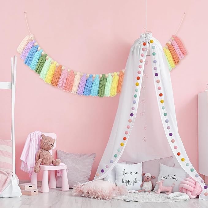 2pcs Longer Boho Tassel Garland, Pom Pom Tassel, Felt Ball Garland,Colorful Wall Hanging Party Decorative Banner Pastel, Home Decoration Wedding Birthday Baby Shower (Longer Rainbow)