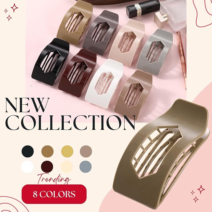 8 Pack Flat Hair Clips for Women – Glossy Neutral No-Slip Flat Claw Clips for Thick & Thin Hair, Large Strong Hold Square Rectangle Hair Accessories for Work & Stylish Fall Outfits