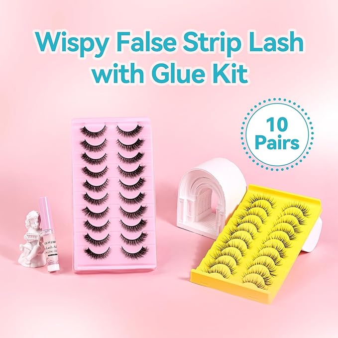Strip Lashes Kit Wispy False Eyelashes With Strip Lash Glue Soft 10 Pairs Fake Eyelashes Magnetic Lashes Kit by GEMERRY, A03