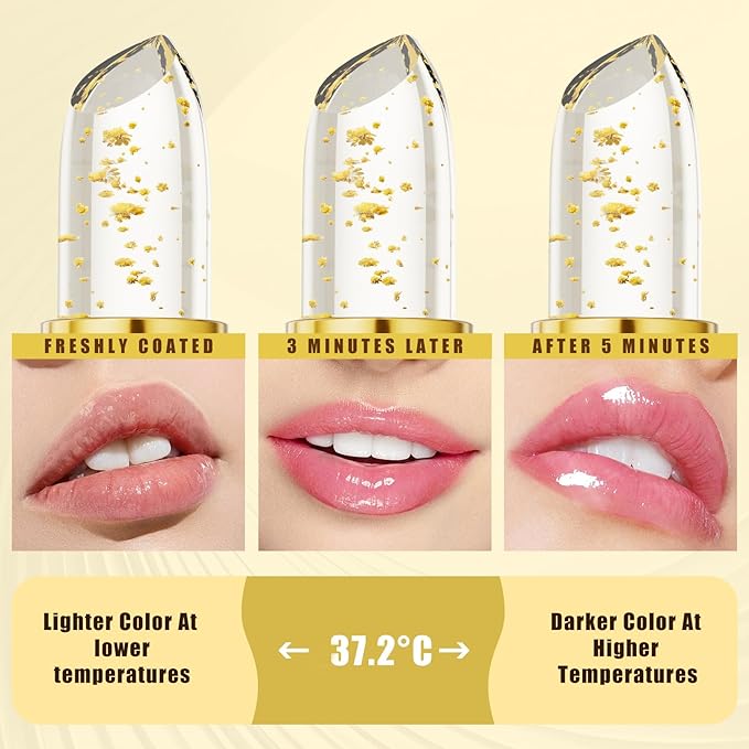 Color Changing Lipstick-Transferproof, Gold Crystal Ph Color Changing Lipstick, Clear Lip Stick That Changes Color, Moisturizing Glossy Shine Lip Balm, Hydrating Non-Sticky Lip Gloss for Women